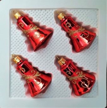 ZVONEK, SKLENĚNÁ VÁNOČNÍ OZDOBA, ČERVENÝ, ZLATÝ DEKOR