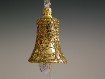 ZVONEK, SKLENĚNÁ VÁNOČNÍ OZDOBA, ZLATÝ, PLAST. DEKOR