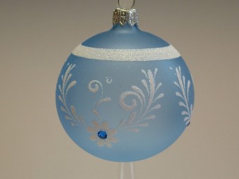 KOULE, SKLENĚNÁ, HLADKÁ, PRŮHLEDNÁ, MODRÁ, MAT, BÍLÝ DEKOR, ŠATON