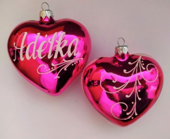 SRDCE VELKÉ RŮŽOVÉ LESK, SKLENĚNÁ OZDOBA, BÍLÝ DEKOR