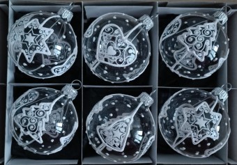 KOULE, skleněná vánoční ozdoba, čirá, bílý plastický dekor